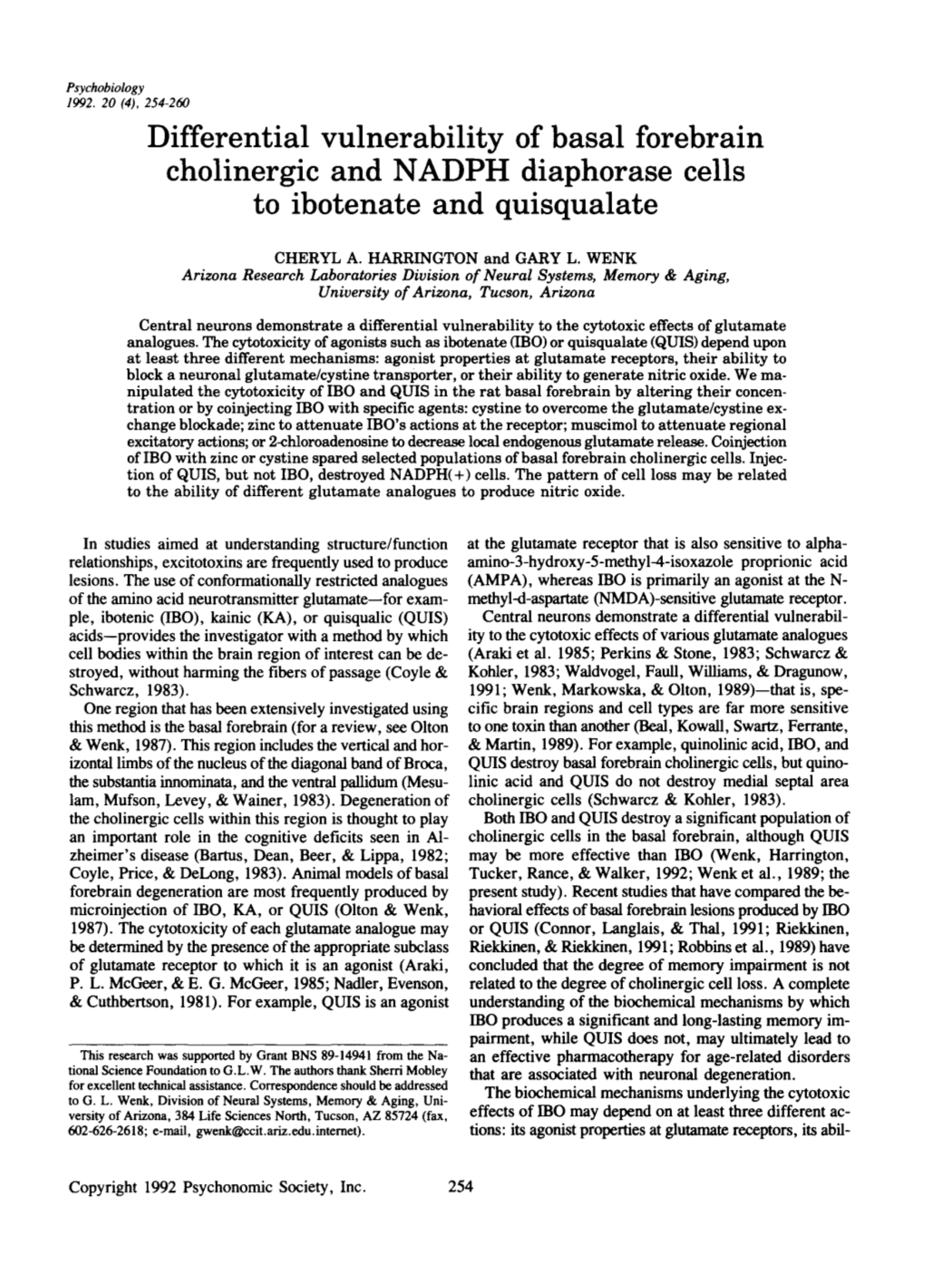 Differential Vulnerability of Basal Forebrain Cholinergic and NADPH Diaphorase Cells to Ibotenate and Quisqualate