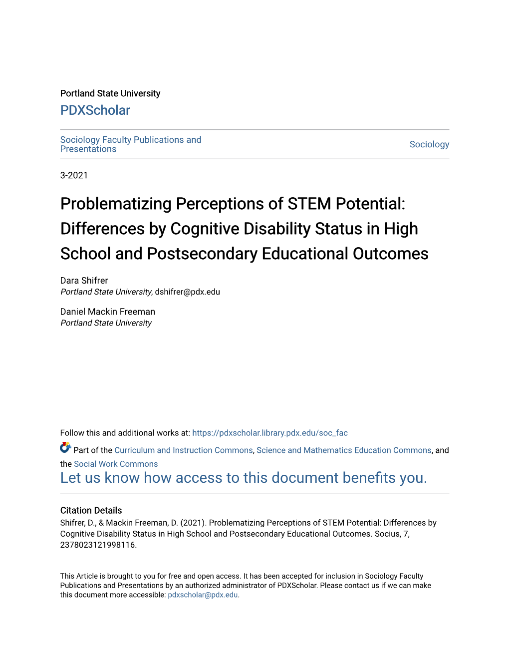 Problematizing Perceptions of STEM Potential: Differences by Cognitive Disability Status in High School and Postsecondary Educational Outcomes