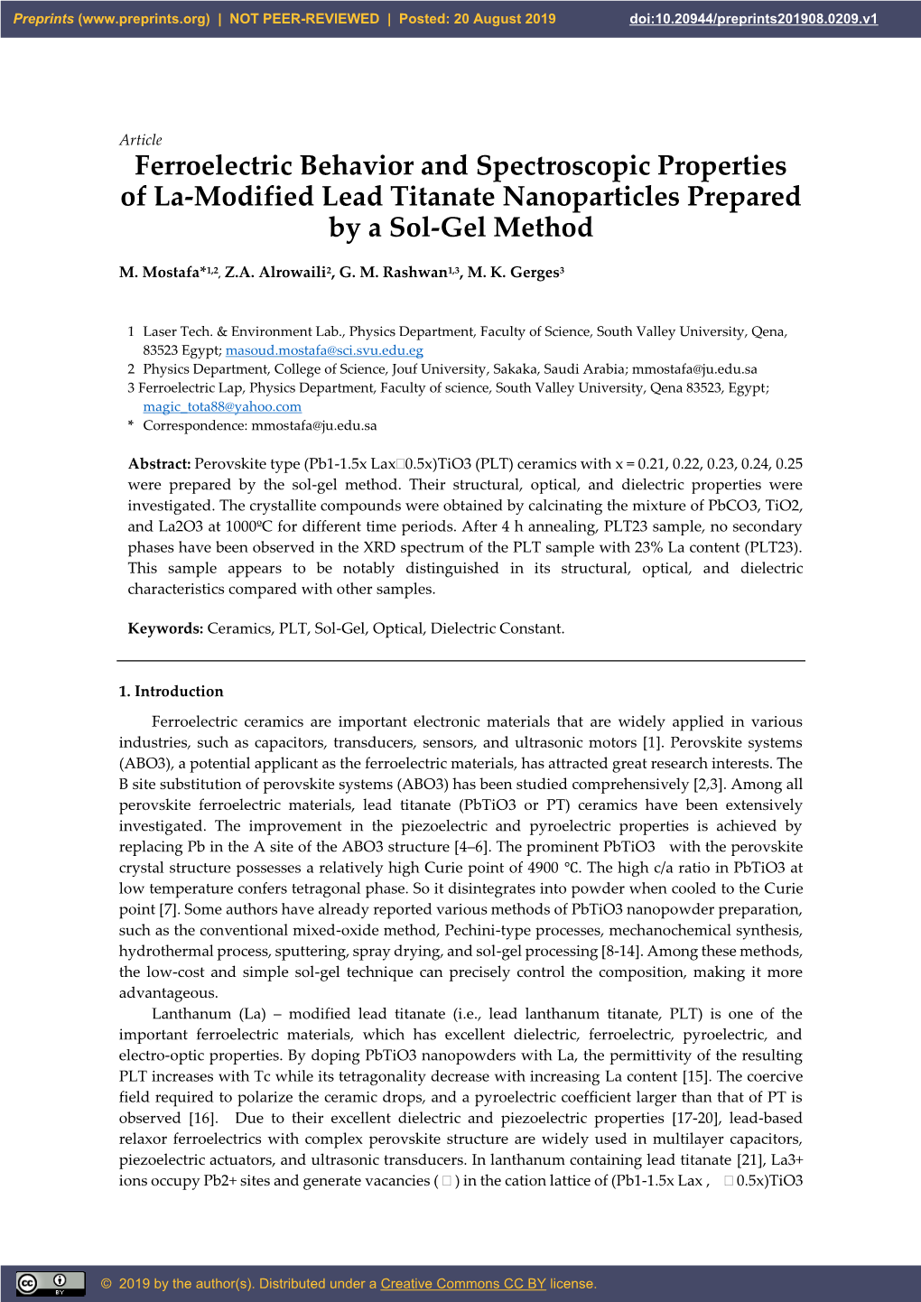 Ferroelectric Behavior and Spectroscopic Properties of La-Modified Lead Titanate Nanoparticles Prepared by a Sol-Gel Method