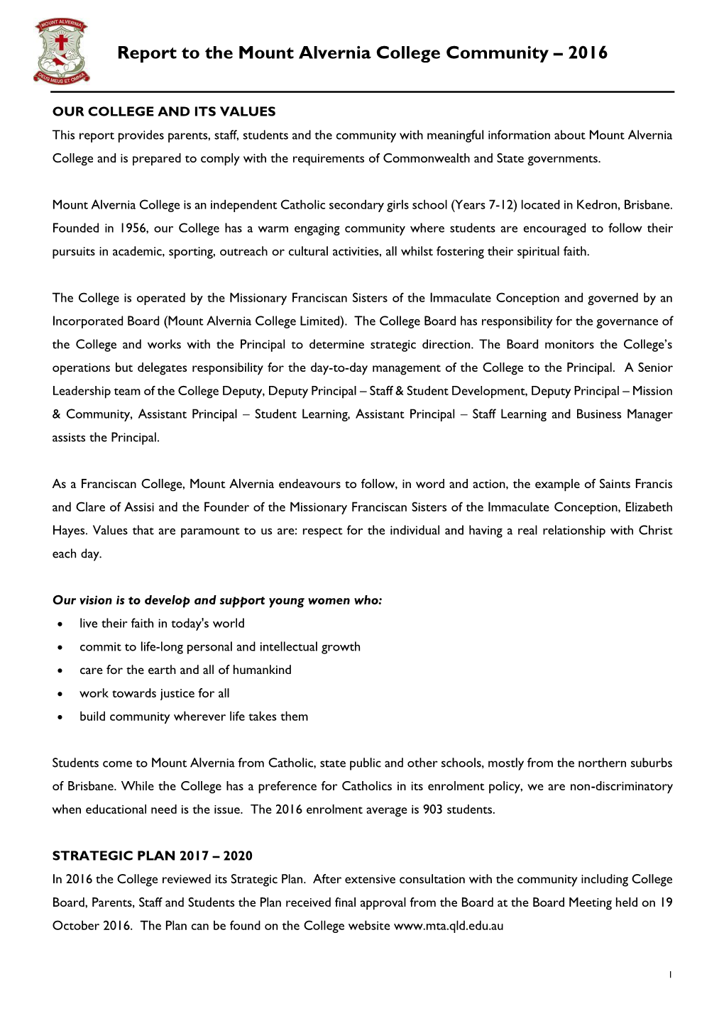 Report to the Mount Alvernia College Community – 2016
