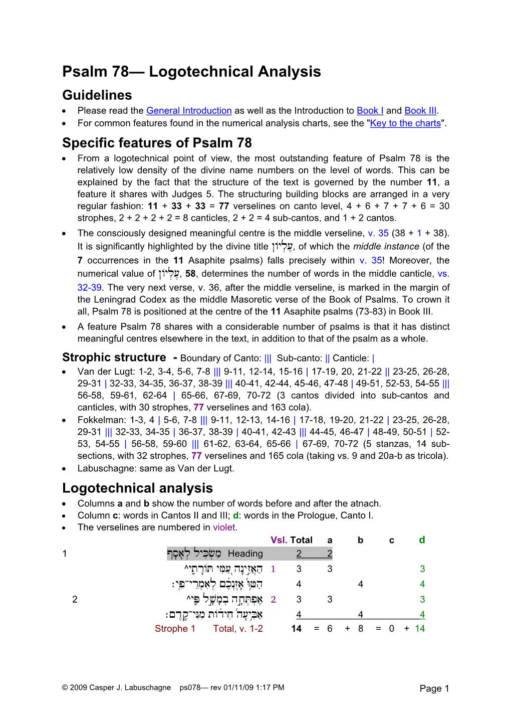 Psalm 78— Logotechnical Analysis Guidelines • Please Read the General Introduction As Well As the Introduction to Book I and Book III