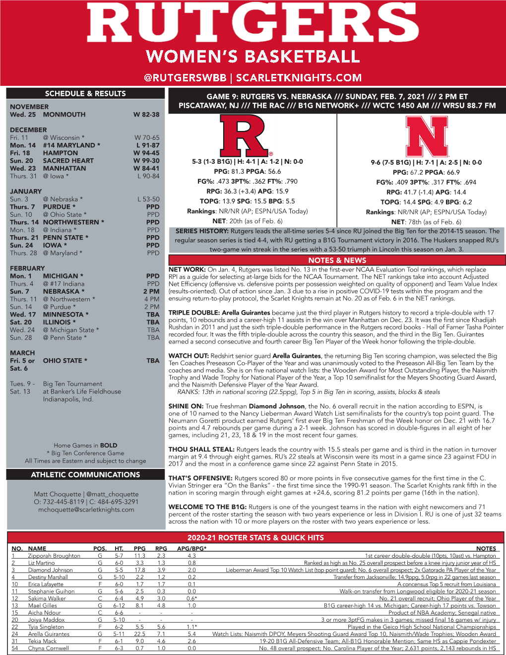 GAME 9: RUTGERS VS. NEBRASKA /// SUNDAY, FEB. 7, 2021 /// 2 PM ET NOVEMBER PISCATAWAY, NJ /// the RAC /// B1G NETWORK+ /// WCTC 1450 AM /// WRSU 88.7 FM Wed