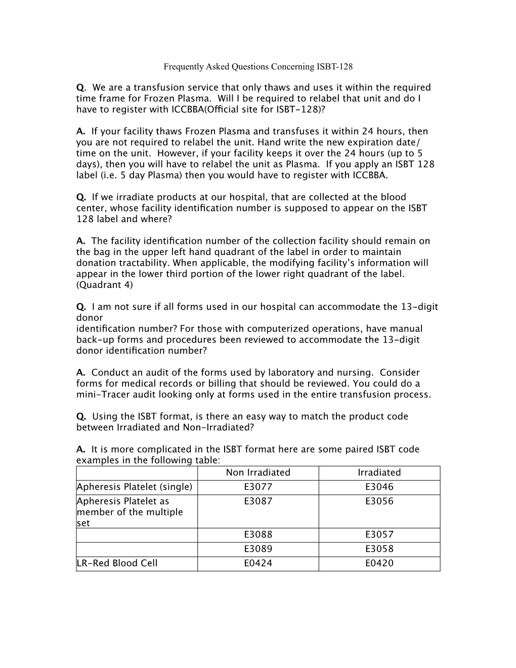 Frequently Asked Questions Concerning ISBT-128