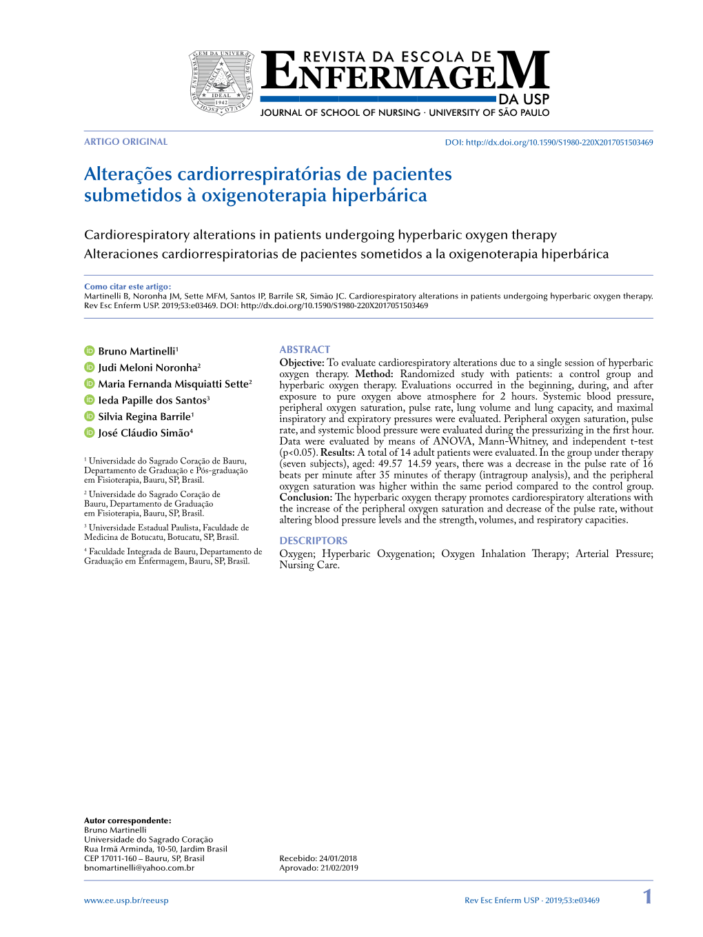 Cardiorespiratory Alterations in Patients Undergoing Hyperbaric