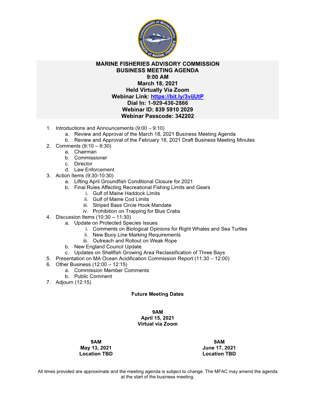 Marine Fisheries Advisory Commission Business