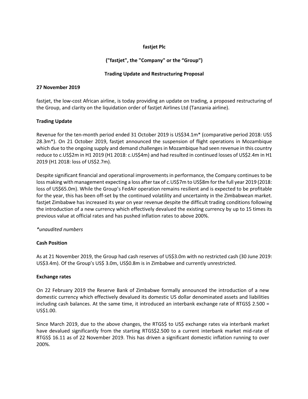 Fastjet Plc ("Fastjet", the "Company" Or the “Group”) Trading Update And