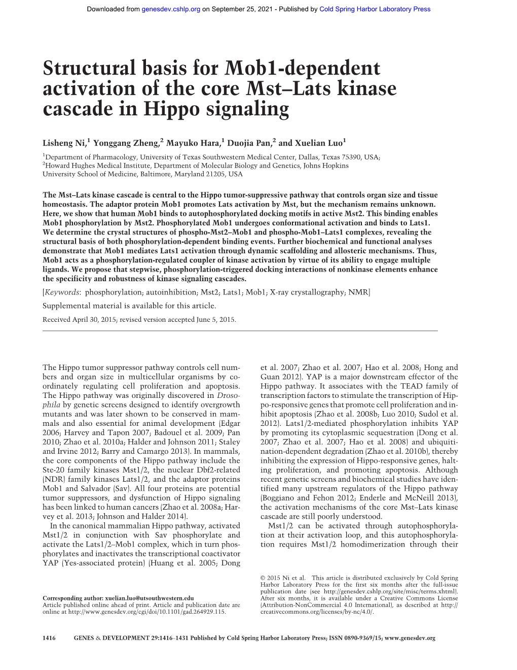 Structural Basis for Mob1-Dependent Activation of the Core Mst–Lats Kinase Cascade in Hippo Signaling