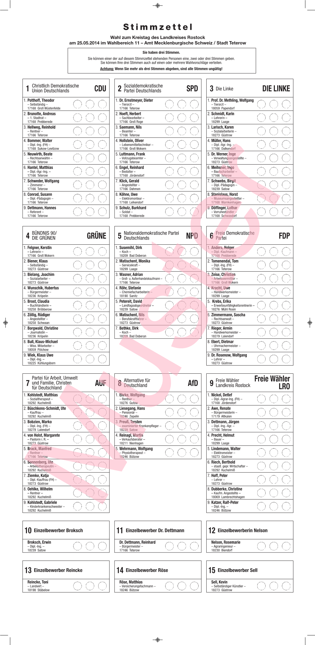 Stimmzettel Wahl Zum Kreistag Des Landkreises Rostock Am 25.05.2014 Im Wahlbereich 11 – Amt Mecklenburgische Schweiz / Stadt Teterow