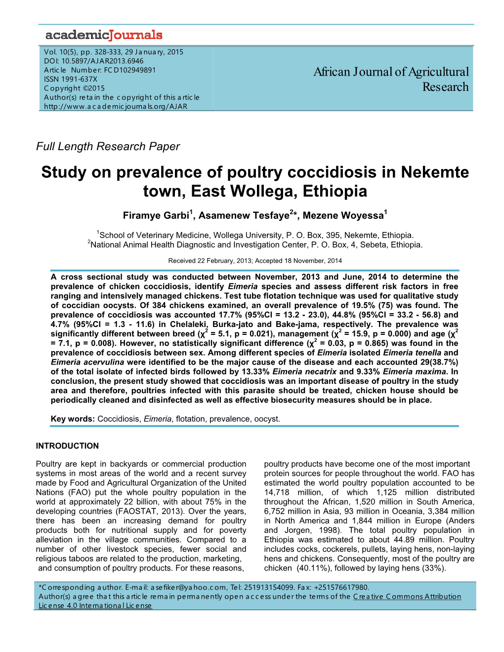 Study on Prevalence of Poultry Coccidiosis in Nekemte Town, East Wollega, Ethiopia
