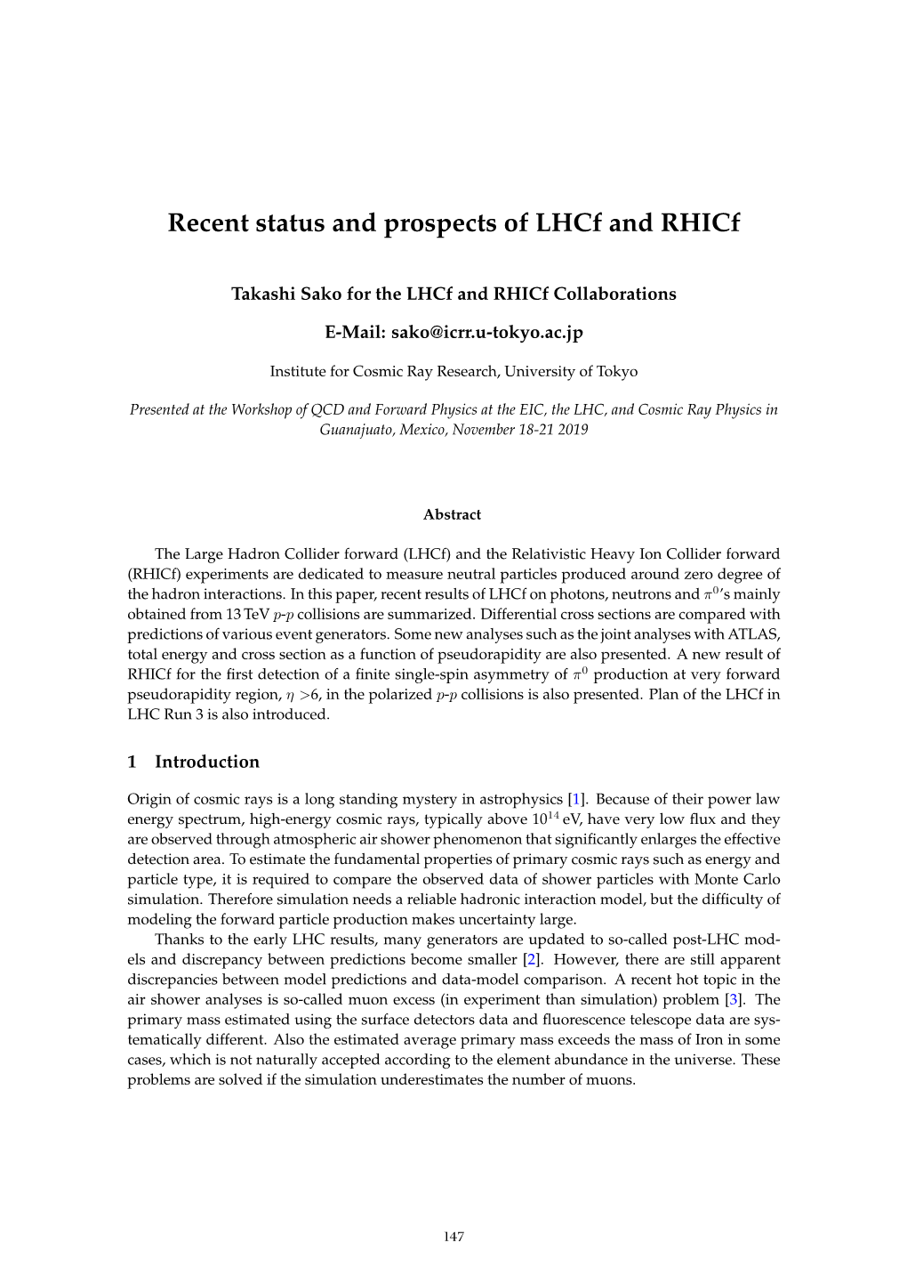 Recent Status and Prospects of Lhcf and Rhicf