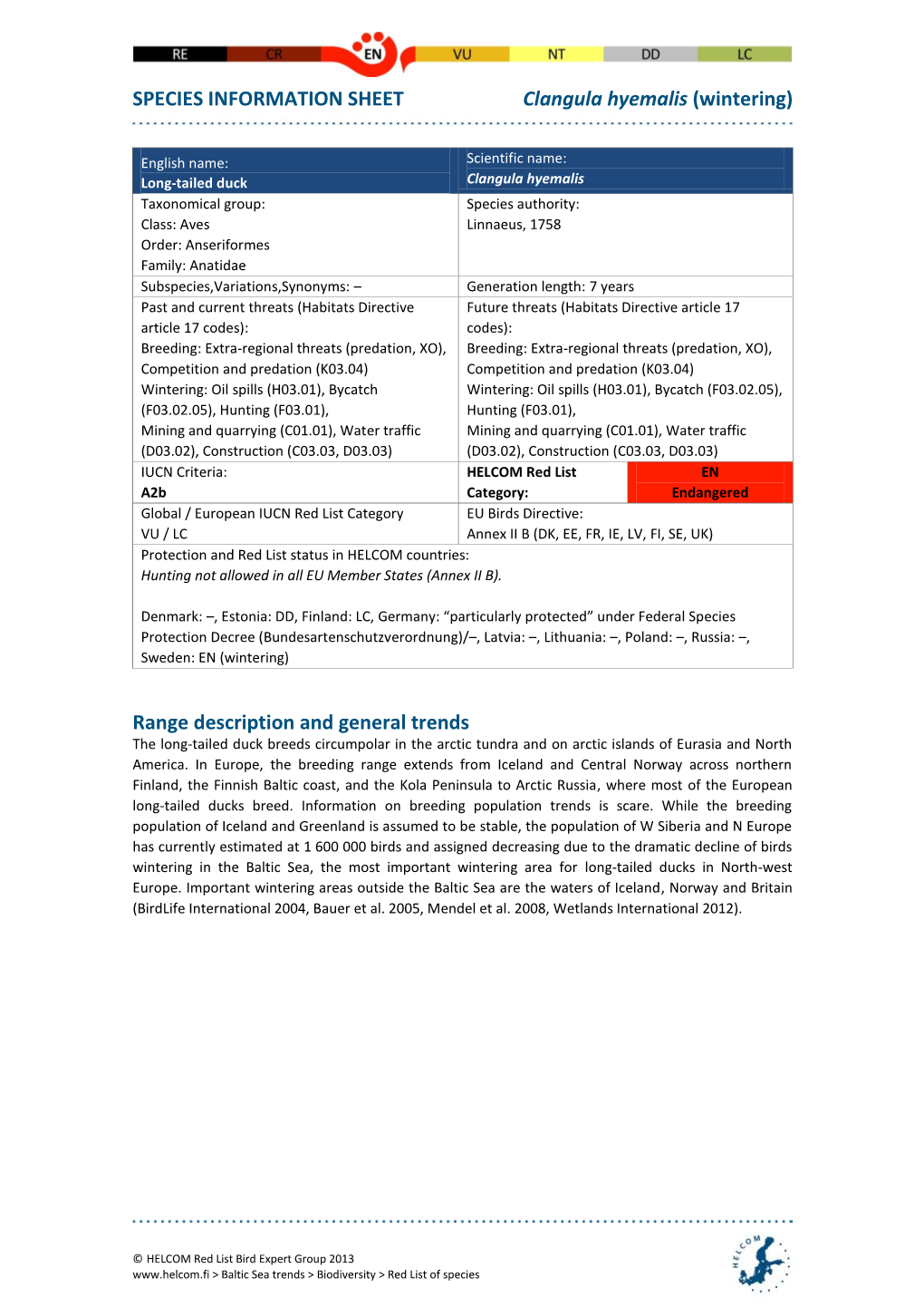 SPECIES INFORMATION SHEET Clangula Hyemalis (Wintering)