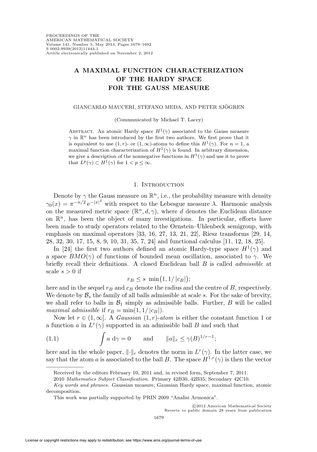 A Maximal Function Characterization of the Hardy Space for the Gauss Measure