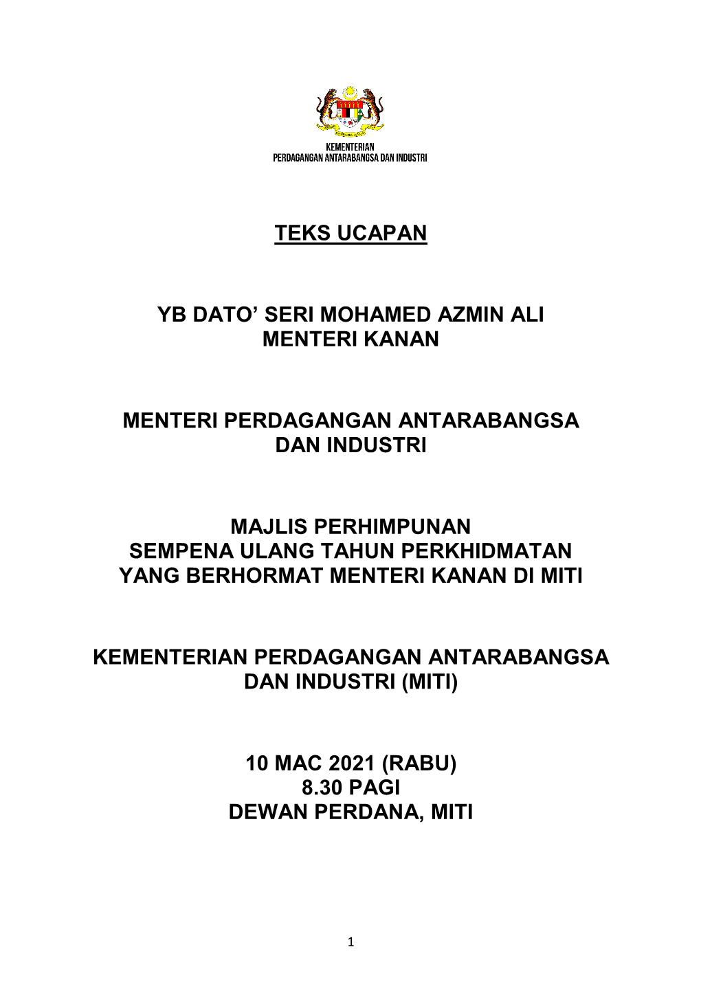 Teks Ucapan Yb Dato' Seri Mohamed Azmin Ali Menteri
