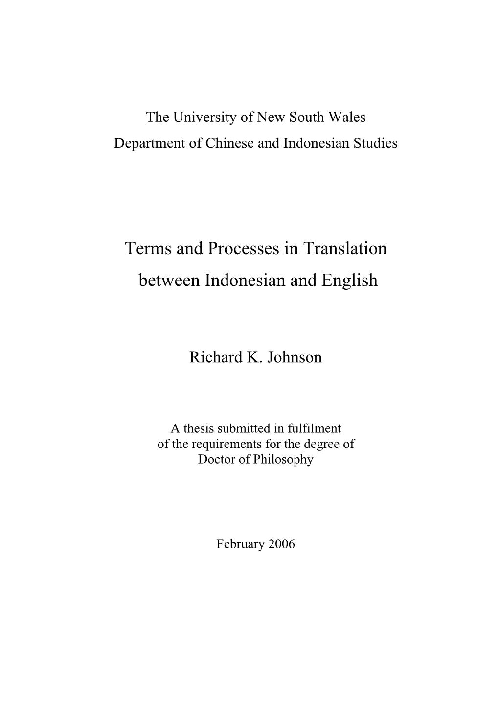 Terms and Processes in Translation Between Indonesian and English