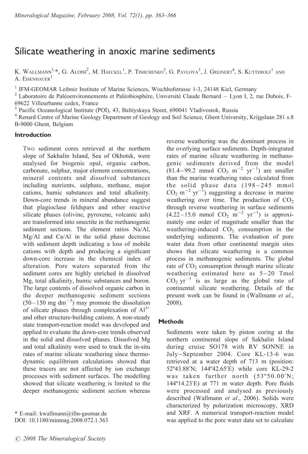 Silicate Weathering in Anoxic Marine Sediments