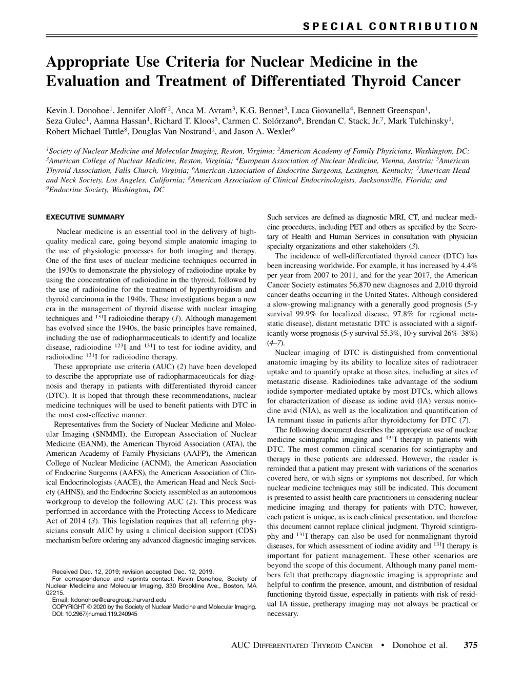 Appropriate Use Criteria for Nuclear Medicine in the Evaluation and Treatment of Differentiated Thyroid Cancer