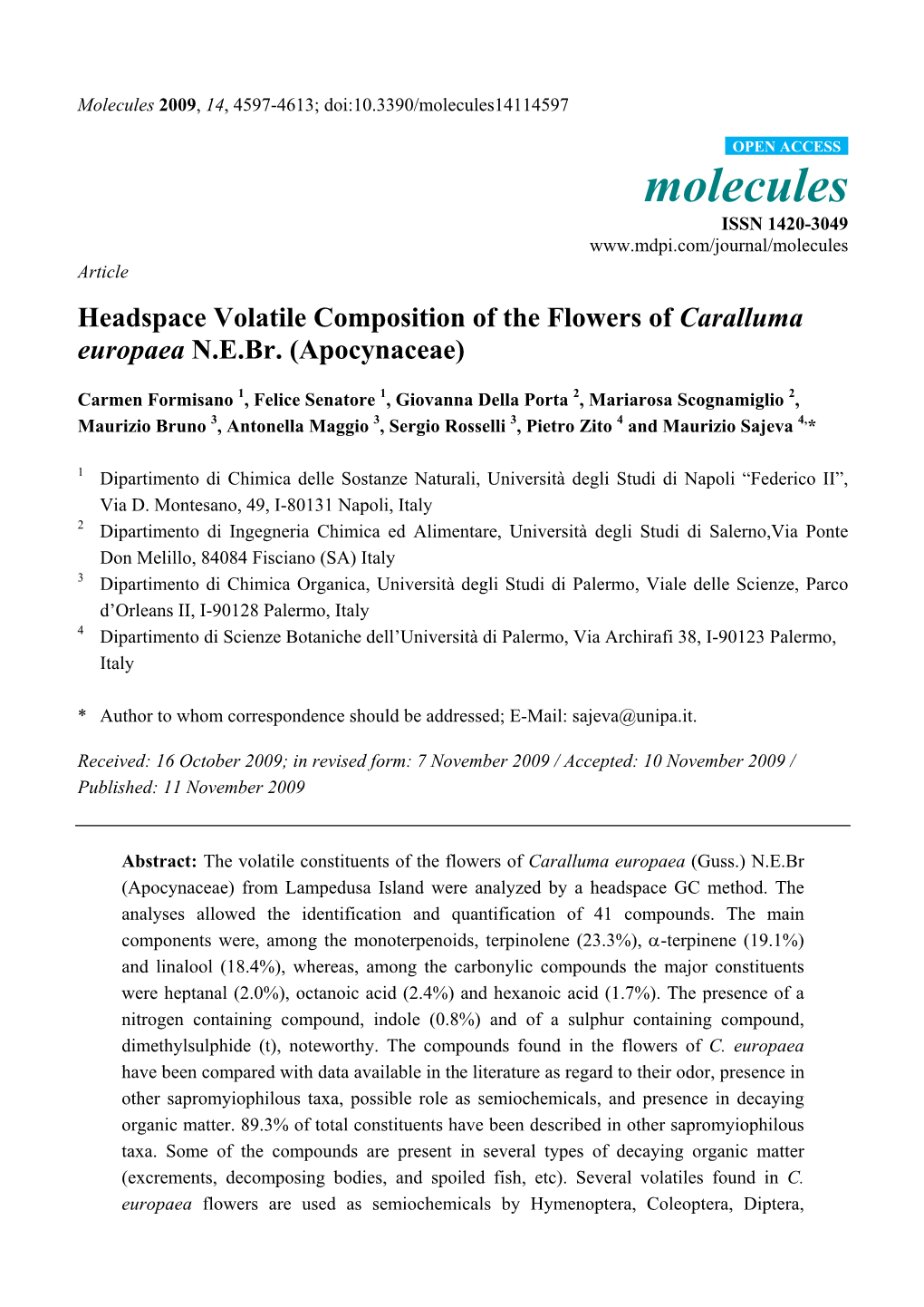 Headspace Volatile Composition of the Flowers of Caralluma Europaea N.E.Br