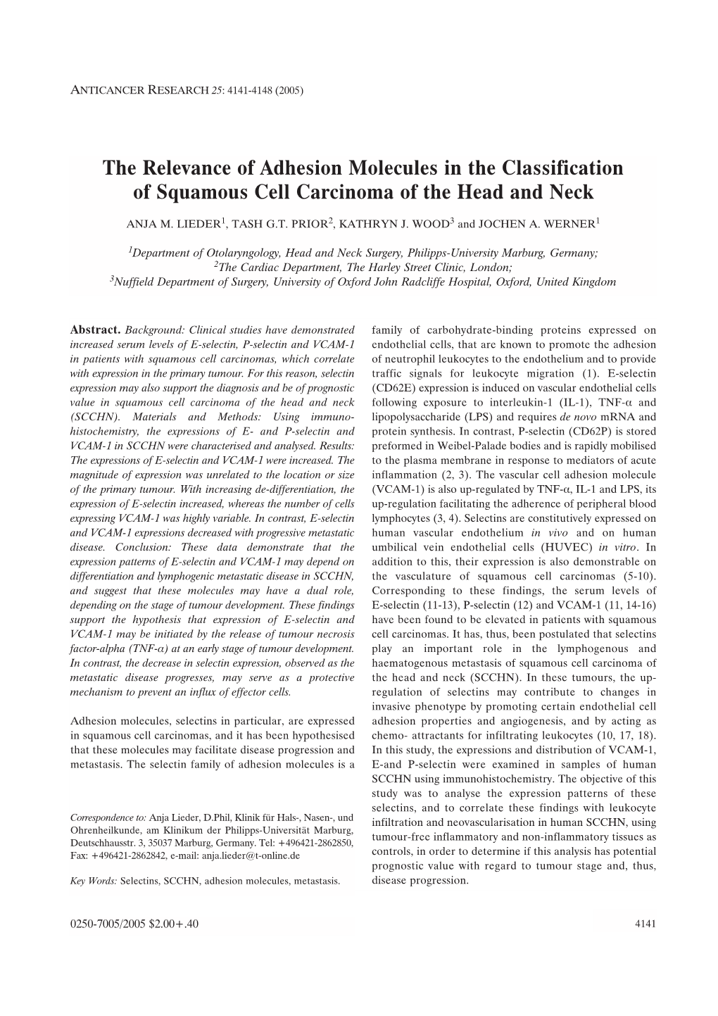 The Relevance of Adhesion Molecules in the Classification of Squamous Cell Carcinoma of the Head and Neck