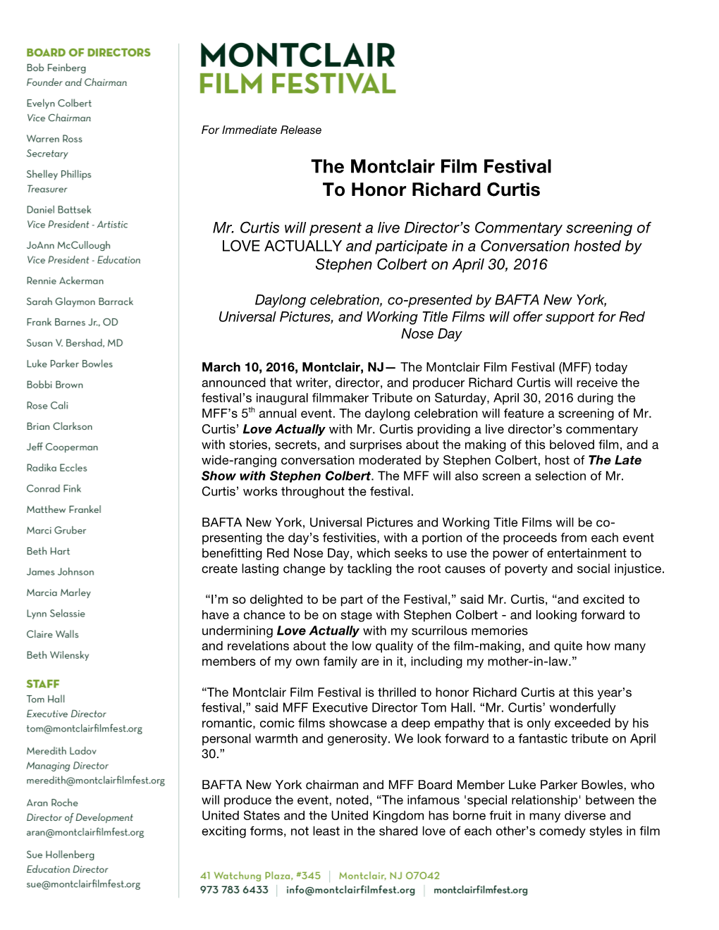 Montclair Film Festival Announces Tribute to Richard Curtis