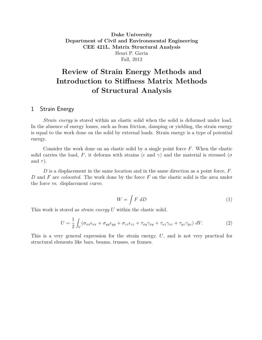 Review of Strain Energy Methods and Introduction to Stiffness Matrix