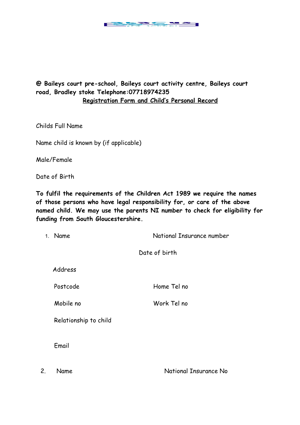 Registration Form and Child S Personal Record