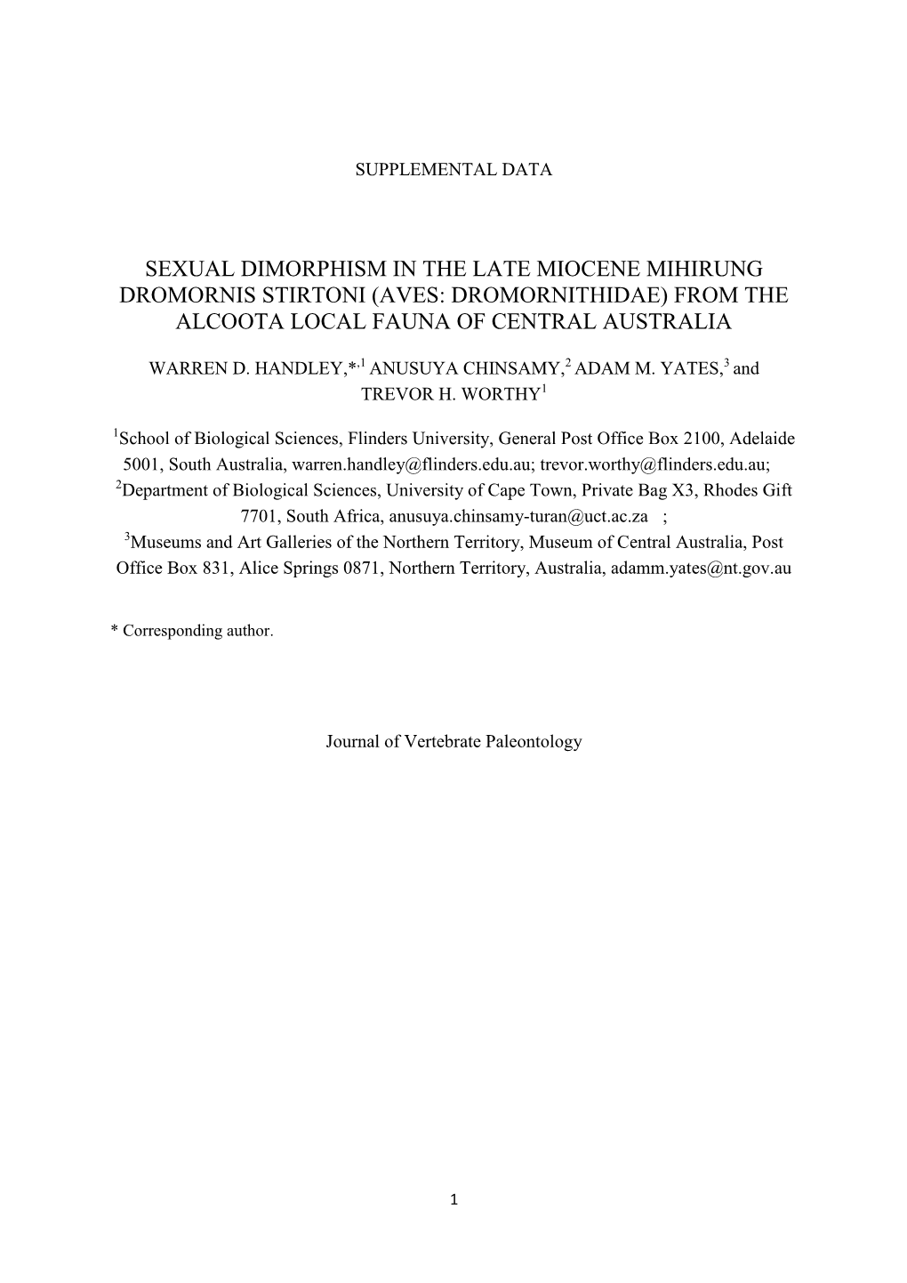 Sexual Dimorphism in the Late Miocene Mihirung Dromornis Stirtoni (Aves: Dromornithidae) from the Alcoota Local Fauna of Central Australia