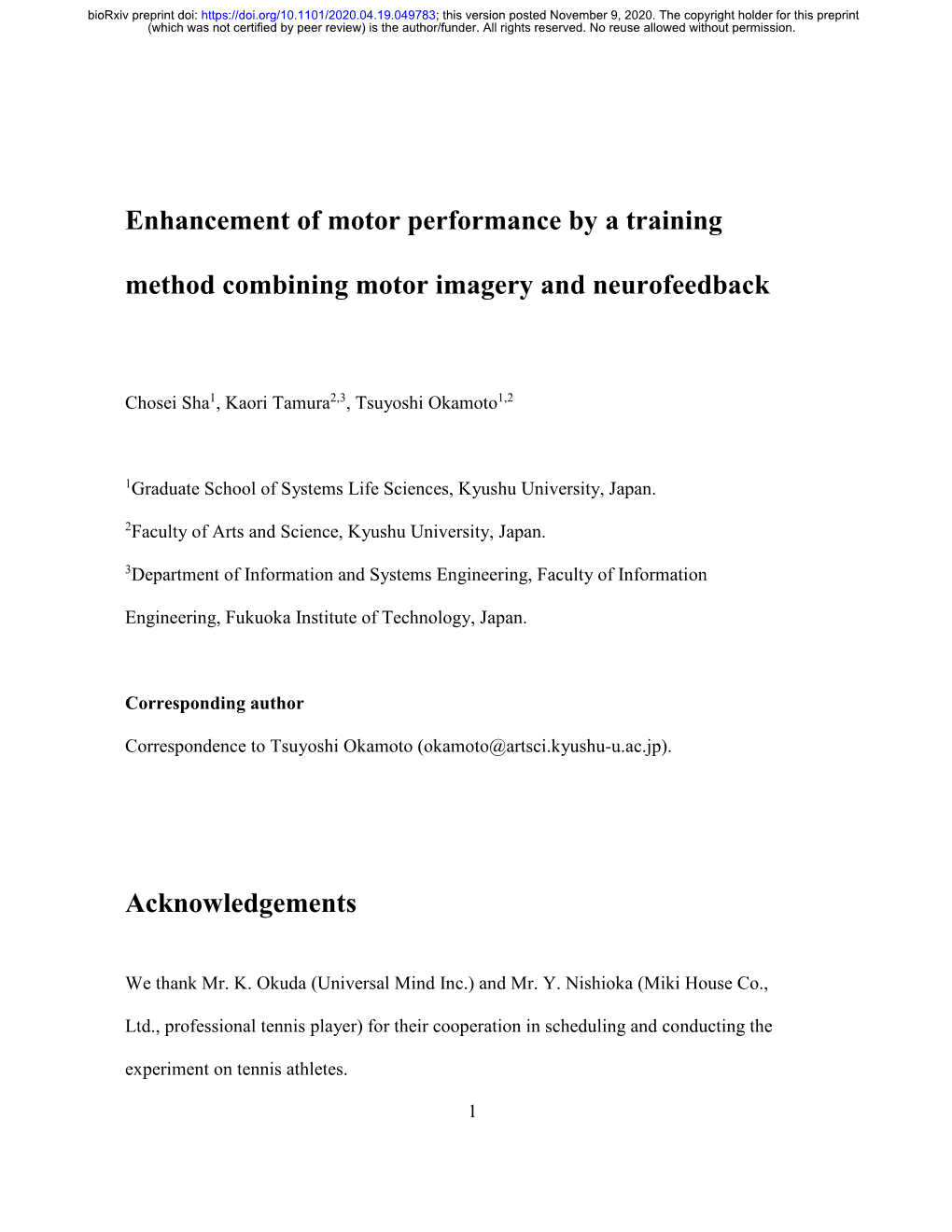 Enhancement of Motor Performance by a Training Method Combining Motor Imagery and Neurofeedback Acknowledgements
