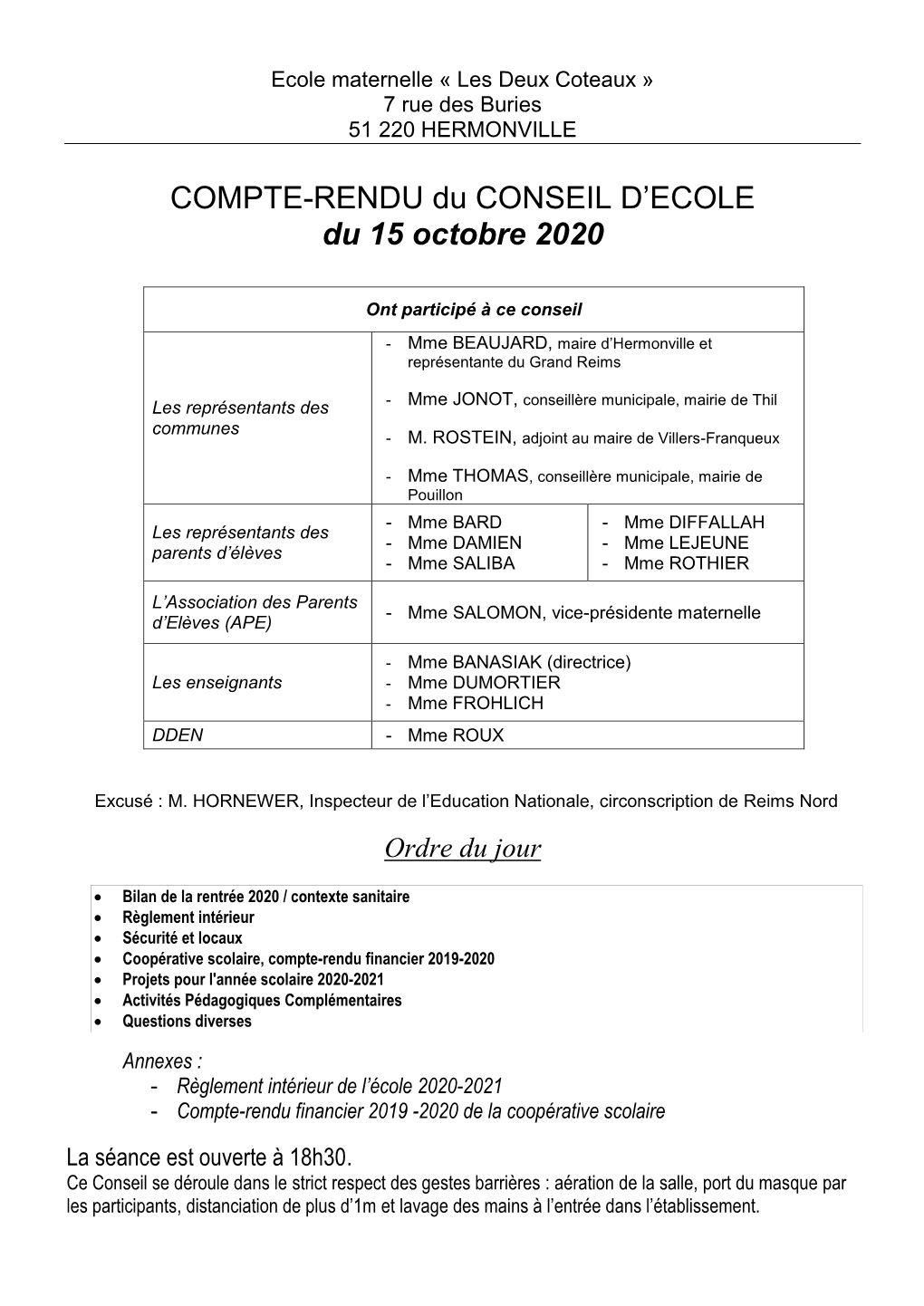COMPTE-RENDU Du CONSEIL D'ecole Du 15 Octobre 2020