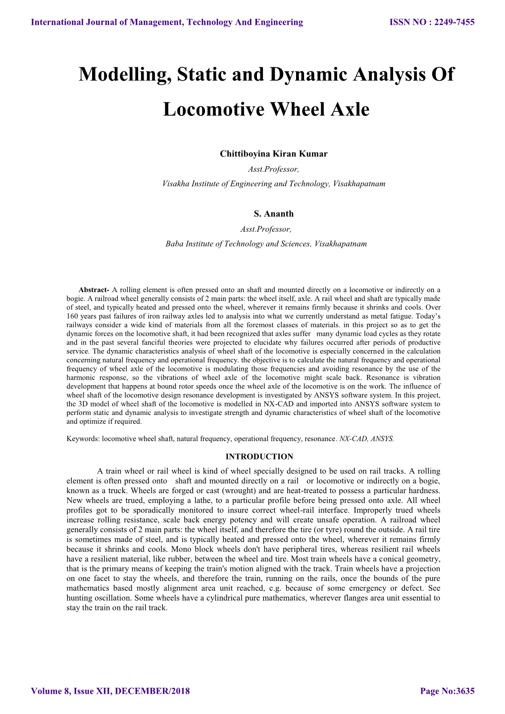 Modelling, Static and Dynamic Analysis of Locomotive Wheel Axle