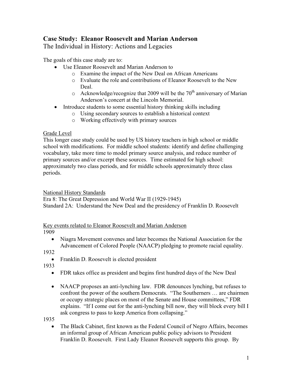 Eleanor Roosevelt and Marian Anderson the Individual in History: Actions and Legacies