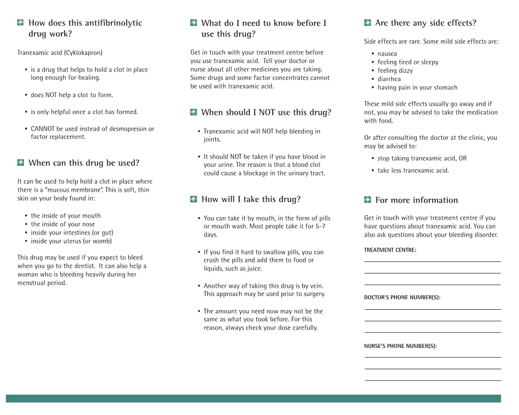 Tranexamic Acid (Cyklokapron) Get in Touch with Your Treatment Centre Before ▪ Nausea You Use Tranexamic Acid