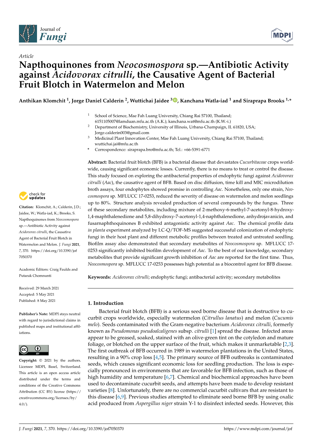 Antibiotic Activity Against Acidovorax Citrulli, the Causative Agent of Bacterial Fruit Blotch in Watermelon and Melon