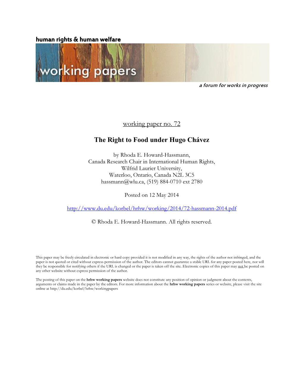 Working Paper No. 72 the Right to Food Under Hugo Chávez