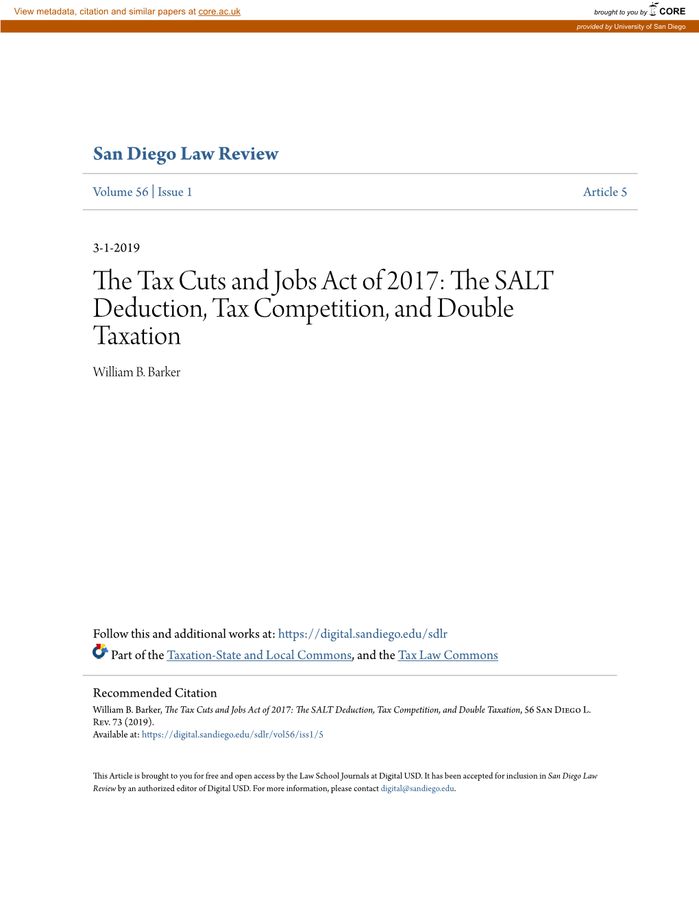 The Tax Cuts and Jobs Act of 2017: the SALT Deduction, Tax Competition, and Double Taxation, 56 San Diego L