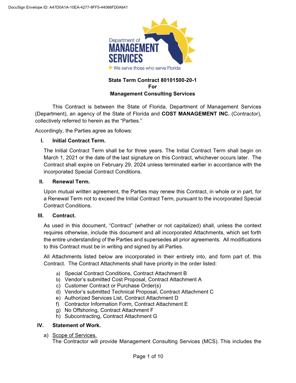 State Term Contract 80101500-20-1 for Management Consulting Services Page 1 of 10 This Contract Is Between the State of Florida