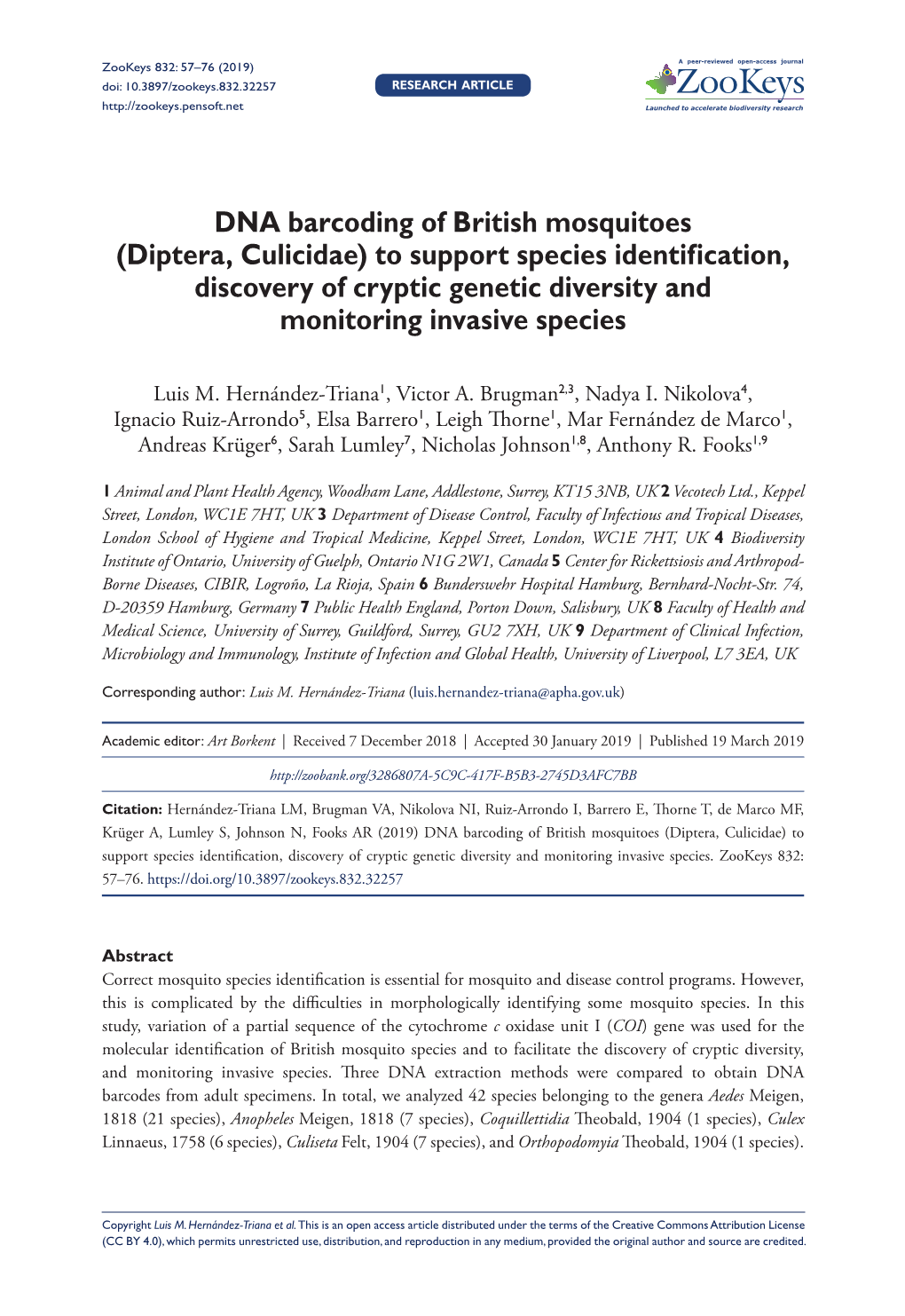 DNA Barcoding of British Mosquitoes (Diptera, Culicidae) to Support Species Identification, Discovery of Cryptic Genetic Diversity and Monitoring Invasive Species