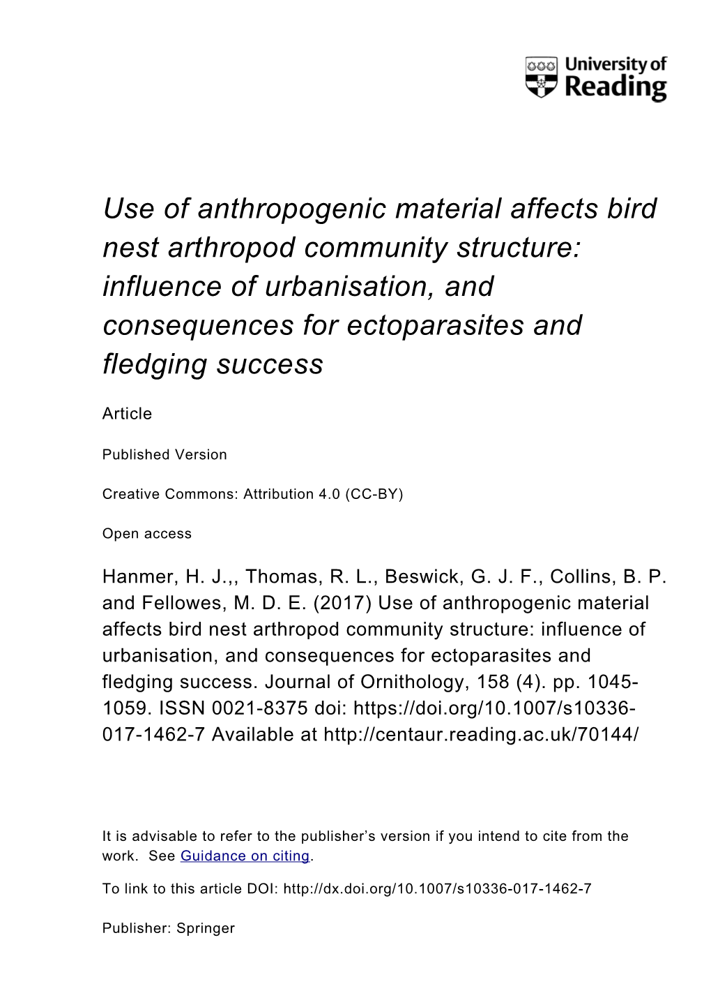 Use of Anthropogenic Material Affects Bird Nest Arthropod Community Structure: Influence of Urbanisation, and Consequences for Ectoparasites and Fledging Success