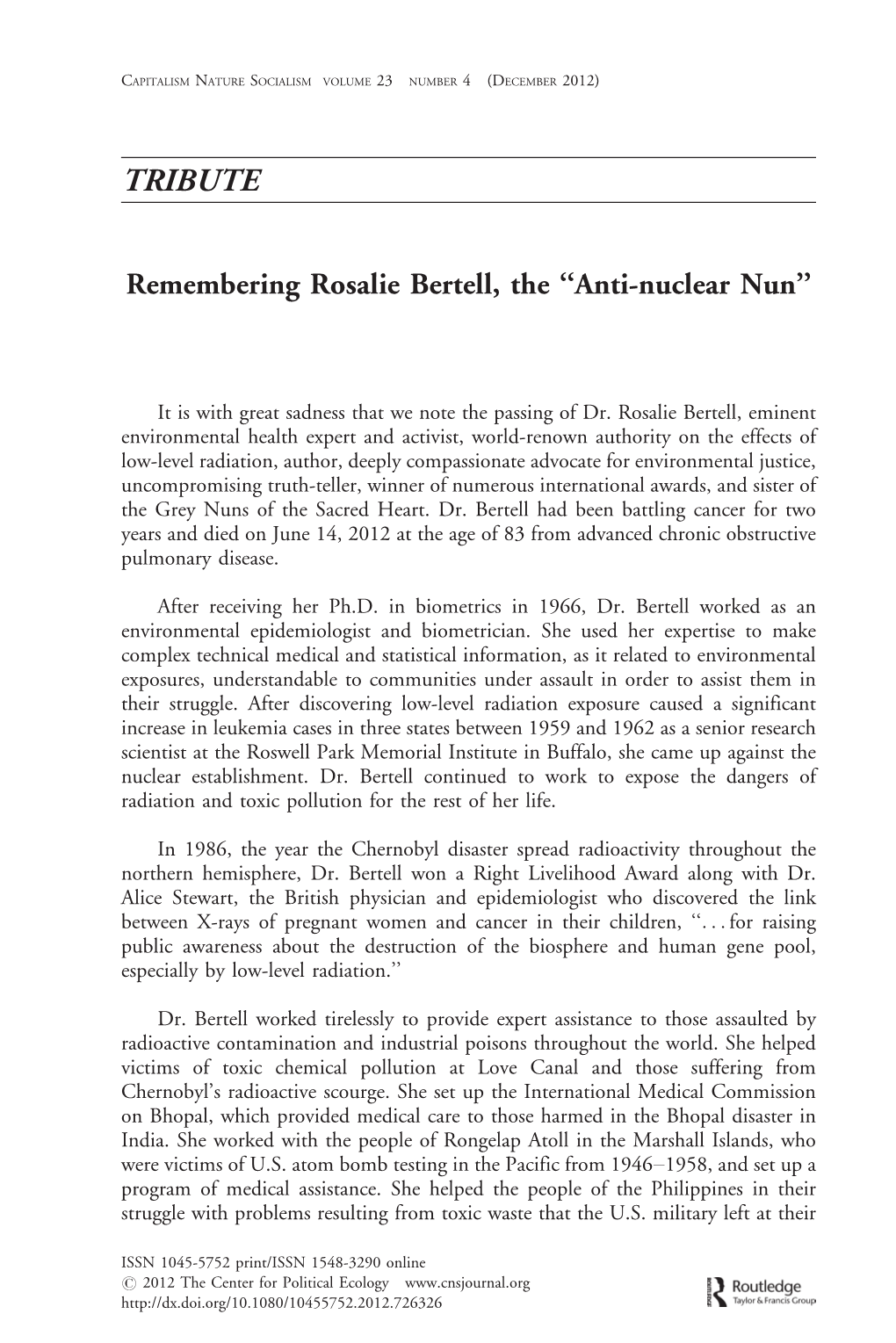 Remembering Rosalie Bertell, the “Anti-Nuclear