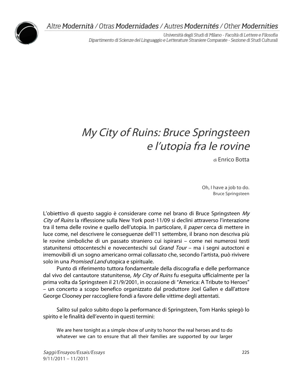 My City of Ruins: Bruce Springsteen E L’Utopia Fra Le Rovine