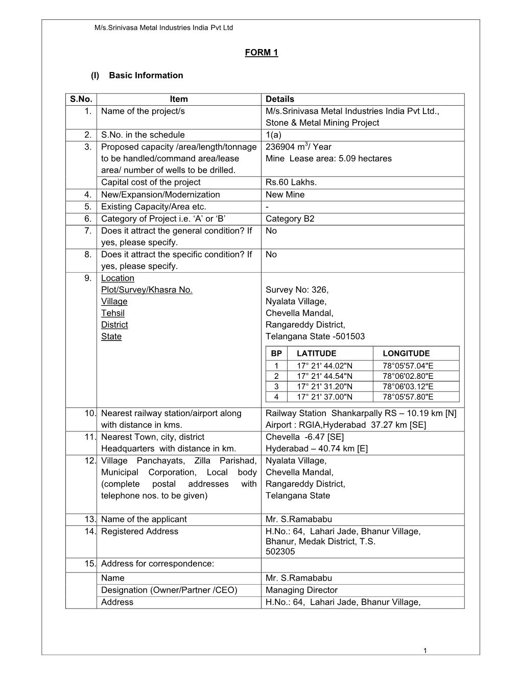 FORM 1 (I) Basic Information S.No. Item