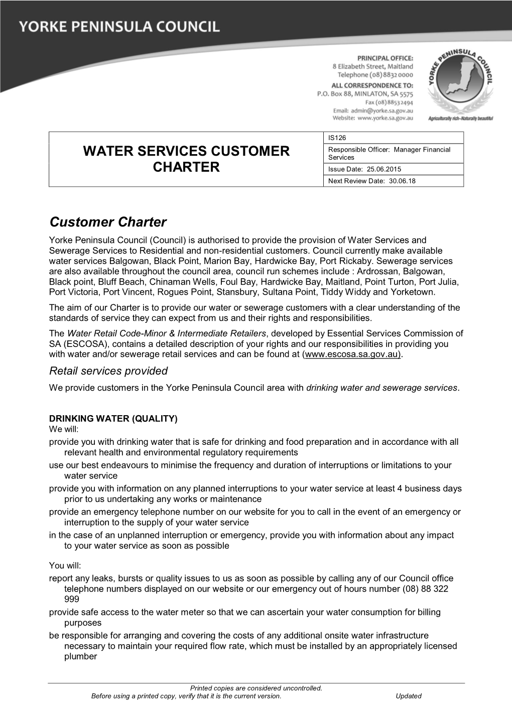 IS126 Water Services Customer Charter