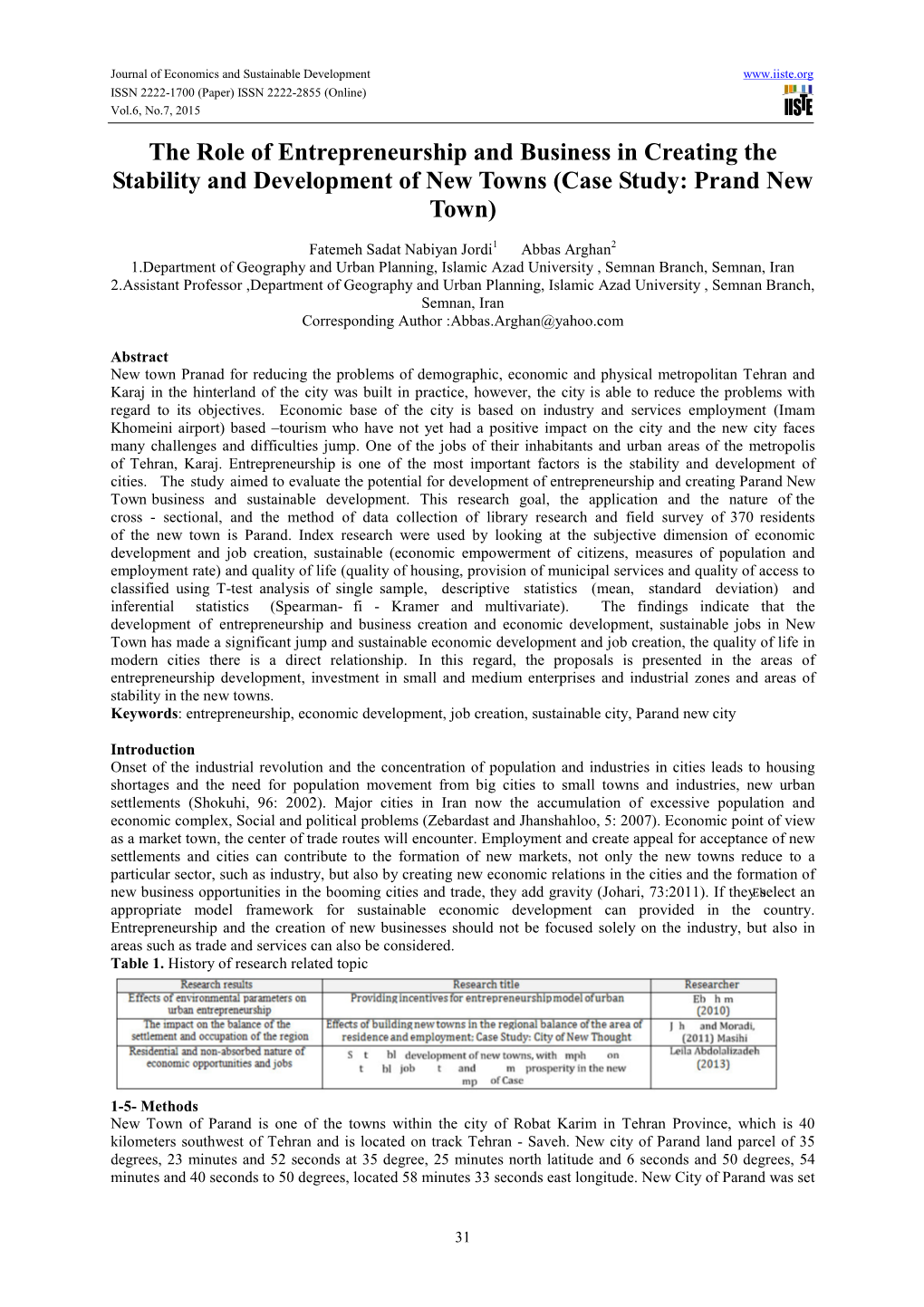 The Role of Entrepreneurship and Business in Creating the Stability and Development of New Towns (Case Study: Prand New Town)