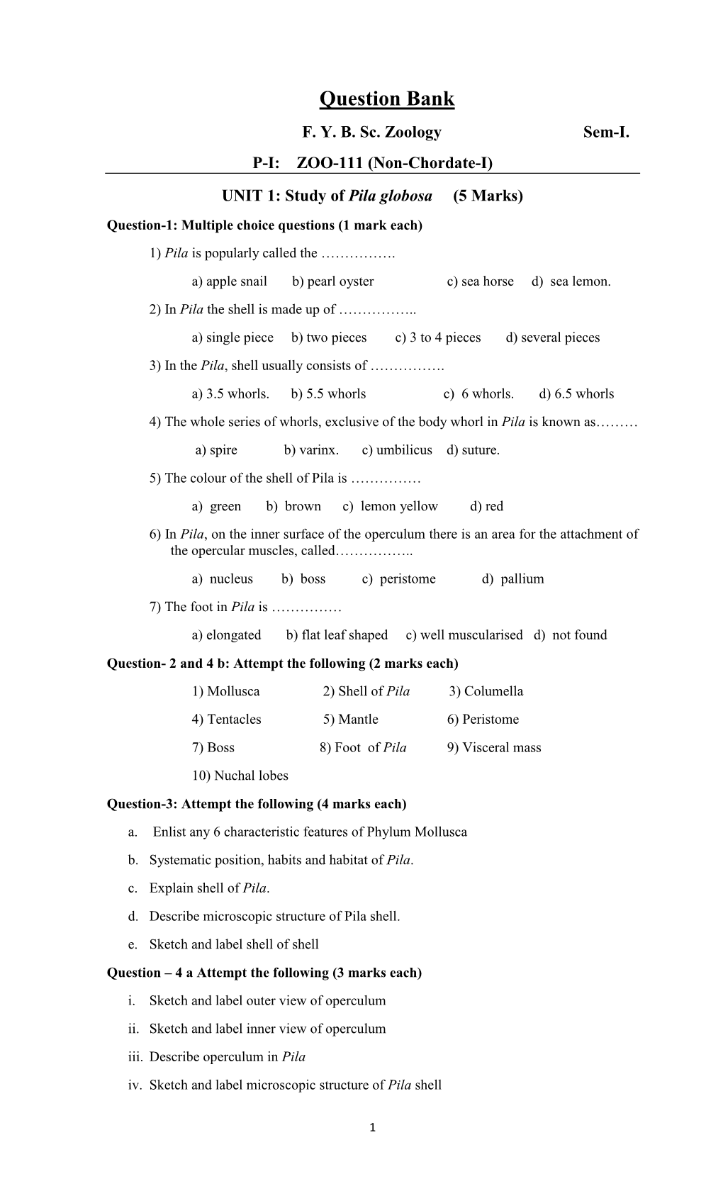 Question Bank F.Y.B.Sc. Zoology Sem-I and II