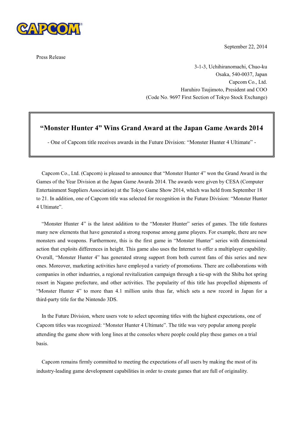 “Monster Hunter 4” Wins Grand Award at the Japan Game Awards 2014