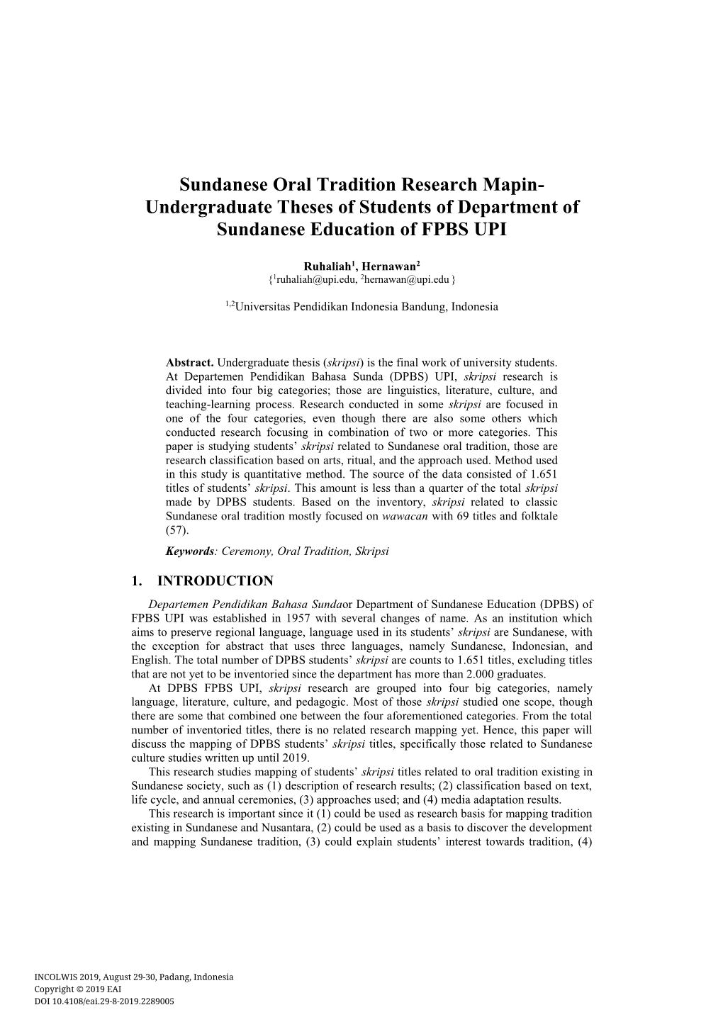 Sundanese Oral Tradition Research Mapin- Undergraduate Theses of Students of Department of Sundanese Education of FPBS UPI