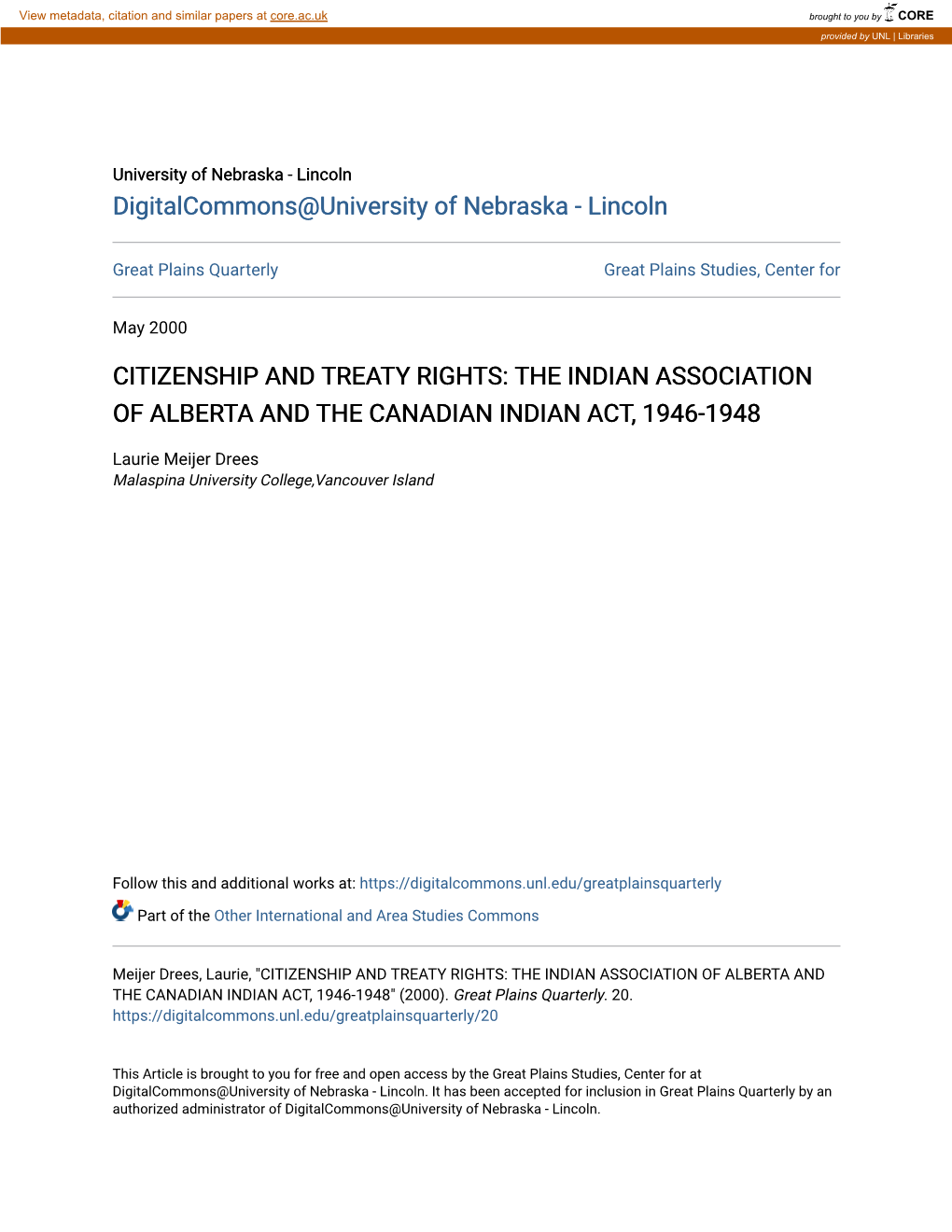 The Indian Association of Alberta and the Canadian Indian Act, 1946-1948