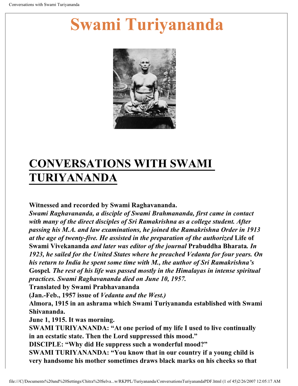 Conversations with Swami Turiyananda