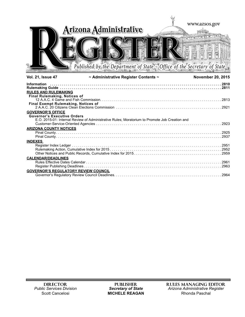 Issue 47 ~ Administrative Register Contents ~ November 20, 2015 Information