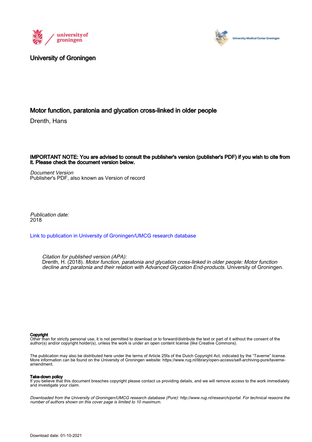 University of Groningen Motor Function, Paratonia and Glycation Cross