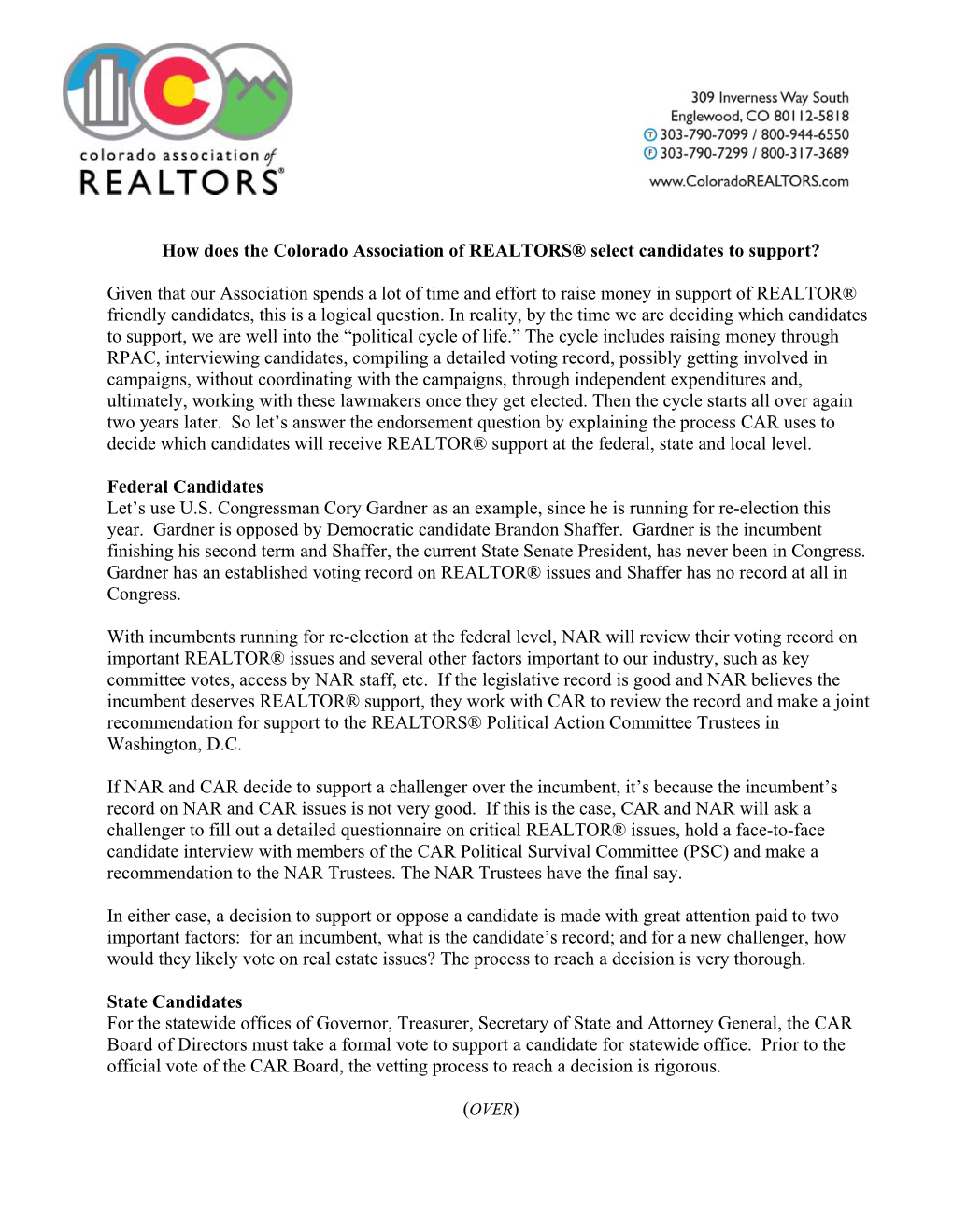 How Does the Colorado Association of REALTORS® Select Candidates to Support?